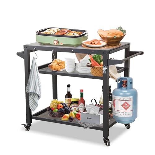 Domi 3-Shelf Outdoor Grill Table, Grill Cart Outdoor with Wheels, Pizza Oven and Food Prep Table, Blackstone with Propane Tank Hook, BBQ Stand for Blackstone Griddle for Outside BBQ - style: Galvanized Steel Tabletop+Mesh Shelf