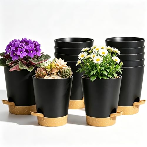 12 Pack 4 Inch African Violet Pots Self Watering, Self-Watering Planters with Drainage Holes & Reservoir, Black Brown Plastic Pots for Indoor Outdoor Plants, Succulents & Flowers - color: Black Brown, size: 4 inch 12pcs