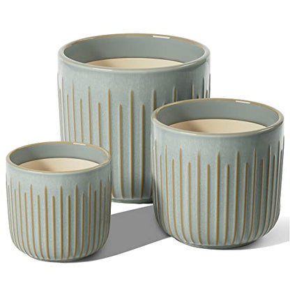 LE TAUCI Ceramic Pots for Plants, 8.3/7/6 Inch Indoor Planters with Drainage Holes & Mesh, Modern Glossy Glaze Cylinder Fluted Plant Pot for Snake Plant, Set of 3, Mist Gray - color: Mist Gray
