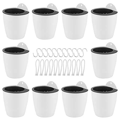 LEXININ 10 Pack 5 Inch Self Watering Hanging Planters, White Plastic Wall Mounted Plant Pots, Vertical Flower Pot for Plants