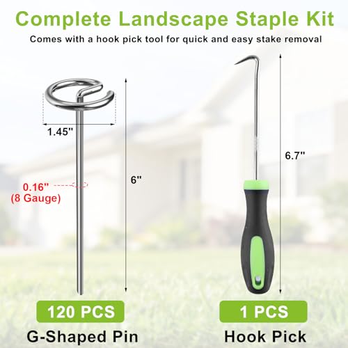 Landscape Fabric Pins 120 Pcs, Thickened 8 Gauge Galvanized Landscape Staples with Pick Hook, 6 Inch G-Shaped Circle Top Garden Stakes for Weed Barrier, Tarps, Inflatables, Outdoor Decorations