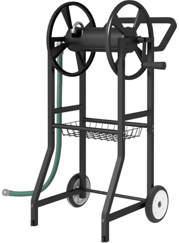 Artigarden Garden Hose Reel Cart with Wheels, Outdoor Heavy Duty Powder Coated Steel Water Winder Storage Holds 125 ft 5/8" Hoses with 3.9ft Leader Hose and Basket for Backyard, Yard, Lawn, Black - color: Black