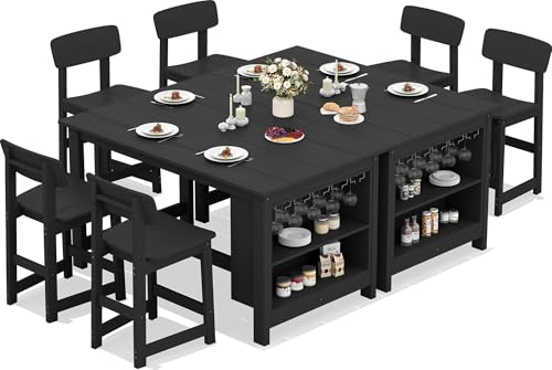 SERWALL 8-Piece Outdoor HDPE Counter-Height Bar Dining Set for 6, Black - color: Black, size: 8 Piece Bar Set