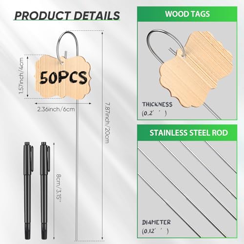 CroBlissful 50pcs Bamboo Plant Labels Plant Tags Garden Signs Markers with Stainless Steel Stake and Pen Decorative Wood Garden Labels Plant Sign Tags for Flowers Vegetables Herbs Potted Plants Seed