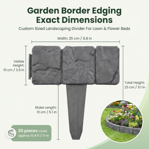 20 Pack Imitation Stone Garden Fence, Landscape Edging, Weatherproof Plastic Border for Flower Beds, Lawn & Walkway