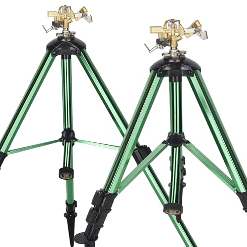 2 Pack Impact Sprinkler on Tripod Base, 360° Adjustable Brass Sprinkler Head with Stakes, Heavy Duty Metal Tripod Lawn Sprinkler for Large Area Lawn, Yard & Garden Irrigation