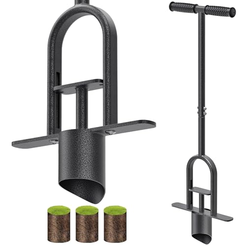 BeneLabel Grass Plugger Tool Lawn Plugger with Long Handle - Heavy Duty Steel Sod Turf Plugger Bulb Planter Tool, Soft Rubber Grip for Turf Repair, Seedling Transplant & Digging Holes - color: black