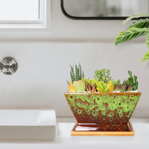 ARTKETTY Succulent Pots - 7 Inch Large Plant Pots with Drainage Tray - color: Green With Tray