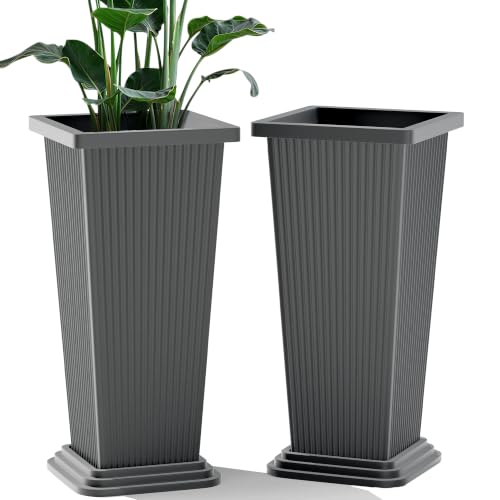 24" Set of 2 Tall Planters for Outdoor Plants, Gray Striped - color: Stripe Gray