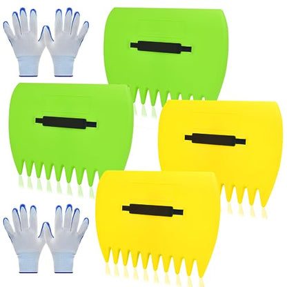 2 Sets Leaf Scoops Hand Rakes, Leaf Scoops and Claws with 2 Pairs Gloves, Lightweight Plastic Leaf Scoop, Large Leaf Grabbers for Picking Up Leaves, Clippings, Grass(2 Sets,Yellow+Green) - style: 2 Sets,Yellow+Green