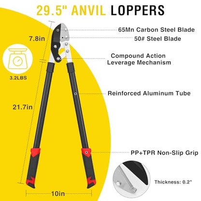 Yesker 29.5" Loppers Heavy Duty Tree Trimmer Sharp Anvil Blade Bypass Loppers up to 1.6 Inch Dia Cut Capacity Compound Action System Limb Branch Cutter Ideal for Tree Trimming Garden Maintenance - size: 29.5" Loppers