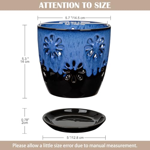 6 inch Orchid Pots with Holes Blue Black Ceramic Orchid Pot for Repotting - color: Blue&black