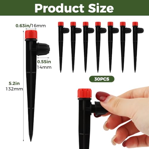 30 PCS Drip Irrigation Emitters with Stakes, 1/4 in Push-to-Connect Drippers, Adjustable 360° Water Output for Garden and Plant Watering(Color:Red) - color: Red