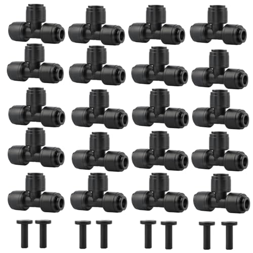 20 pack 1/4" Drip Irrigation Tee Fitting - Quick Connect Tee Connectors, Leak-Free for 1/4" Tubing, Includes 8 End Plugs for Sprinkler & Drip Irrigation Systems - style: 1/4 inch T connect(20)