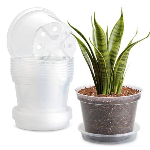 7 Pack 8 Inch Clear Nursery Pots with Saucer, Transparent Plastic Plant Pot with Drainage Holes, Sturdy Plant Starter Pots, Planter Pot for Planting Succulent Flower Herb Vegetable, Gardening Gifts - size: 8 Inch-7P