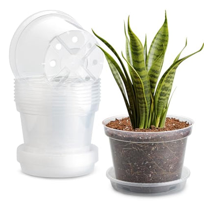 7 Pack 8 Inch Clear Nursery Pots with Saucer, Transparent Plastic Plant Pot with Drainage Holes, Sturdy Plant Starter Pots, Planter Pot for Planting Succulent Flower Herb Vegetable, Gardening Gifts - size: 8 Inch-7P