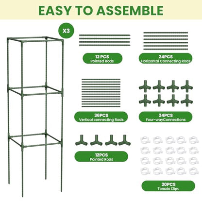 3-Pack Square Tomato Cages, 47.2" Tall Heavy-Duty Plant Support with 11mm Thick Stakes, Adjustable 3-Tier Tomato Trellis for Raised Beds, Large Planters & Climbing Vegetables