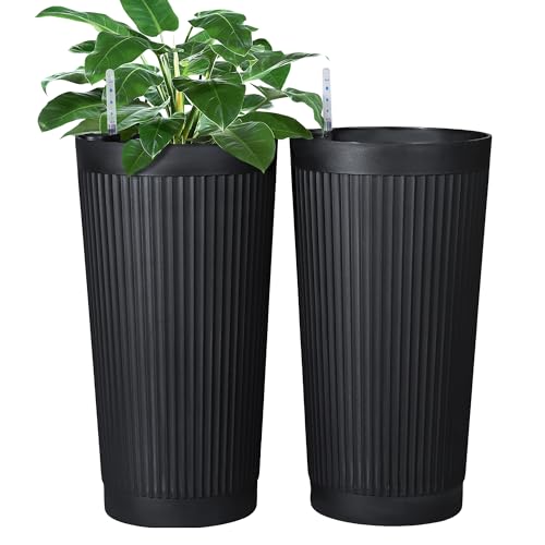 FENCY Self Watering Tall Planters Set of 2, Black Round - color: Black-round Ribbed