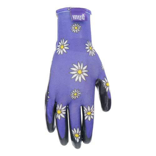 Mud Grip Women's Daisy Printed Polyester Shell and Flat Nitrile Coated Palm Gardening Gloves, - color: Violet, size: 2 Count (Pack of 1)