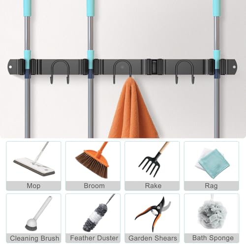 Broom Holder Wall Mount, 2 Packs Black Stainless Steel Tool Storage Organizer for Kitchen Garden Garage Laundry Room Bathroom and RV with 4 Slots 6 Hooks - color: Black-2 Pack
