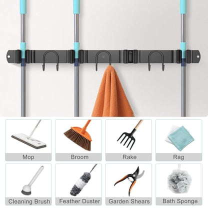 Broom Holder Wall Mount, 2 Packs Black Stainless Steel Tool Storage Organizer for Kitchen Garden Garage Laundry Room Bathroom and RV with 4 Slots 6 Hooks - color: Black-2 Pack