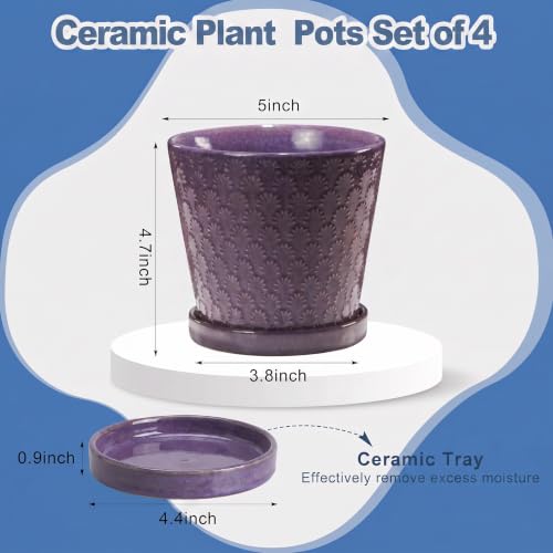 EFISPSS Ceramic Plant Pots, 5 Inch Planters with Drainage Holes and Ceramic Tray, Relief Design Flower Planter, Desktop Office Windowsill Decoration Gift Set of 4 - Purple - color: Purple