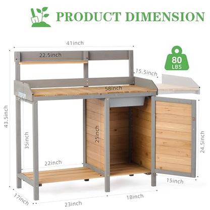 Wooden Potting Bench Table with Sink,Outdoor Garden Table Work Bench with Storage, Workstation for Outside Lawn Patio - size: 17"x41"x43.5" w/Cabinet