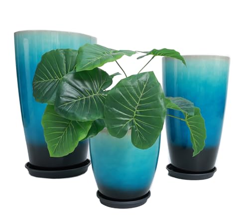 24,21,11 Inch Large Plastic Planters with Drainage Hole and Saucer - Set of 3 Tall Plant Pots Indoor Flower Pot Tall Round Planters Outdoor Large Tall Planter - color: Blue Black Gradient