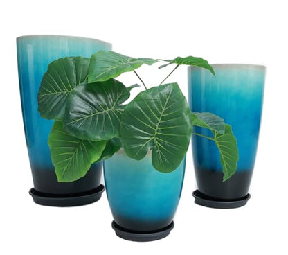 24,21,11 Inch Large Plastic Planters with Drainage Hole and Saucer - Set of 3 Tall Plant Pots Indoor Flower Pot Tall Round Planters Outdoor Large Tall Planter - color: Blue Black Gradient