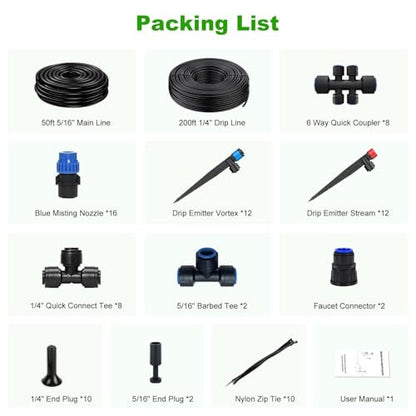 250FT Drip Irrigation System Kit New Quick-Connect, Automatic Garden Watering Misting System for Greenhouse, Yard, Lawn, Plant with 5/16 inch Hose 1/4 inch Distribution Tubing and Accessories - size: 250FT