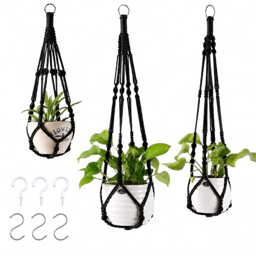Macrame Plant Hangers with Beads for Indoor and Outdoor, 3 Pack - color: Black