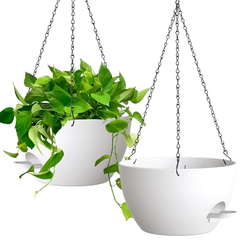 UOUZ 13 Inch 2 Pack Large Self Watering Hanging Planters for Indoor Outdoor Plants, Hanging Plant Pots with Removable 50 Oz Reservoir, Plastic Hanging Basket for Window Porch Garden, White - color: White