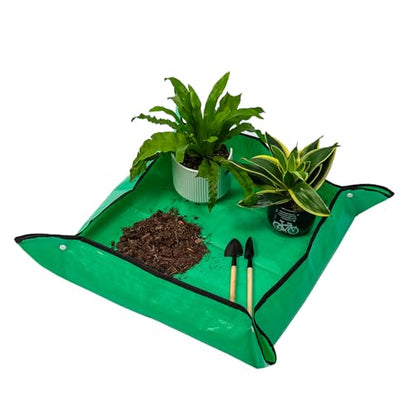 Plant Repotting Tarp 27"x 27" - Waterproof Repotting Mat for Indoor Plants, Extra Large Potting Mat with Raised Edges to Prevent Soil Spills, Green