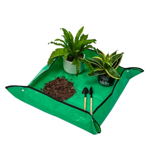 Plant Repotting Tarp 27"x 27" - Waterproof Repotting Mat for Indoor Plants, Extra Large Potting Mat with Raised Edges to Prevent Soil Spills, Green