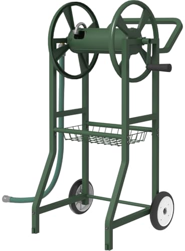 Artigarden Garden Hose Reel Cart with Wheels, Outdoor Heavy Duty Powder Coated Steel Water Winder Storage Holds 125 ft 5/8" Hose with 3.9ft Leader Hose and Basket for Backyard, Yard, Lawn, Green - color: Green