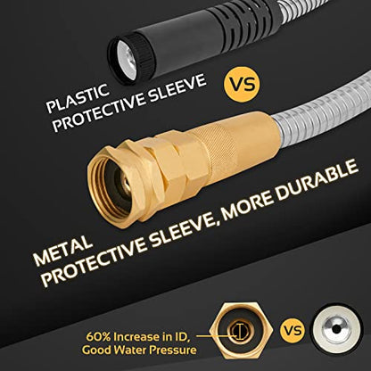 Garden Hose Metal - 100ft Heavy Duty Stainless Steel Water Hose with 8 Function Sprayer & Metal Fittings, Flexible, Lightweight, No Kink, Puncture Proof Hose for Yard, Outdoors, Rv