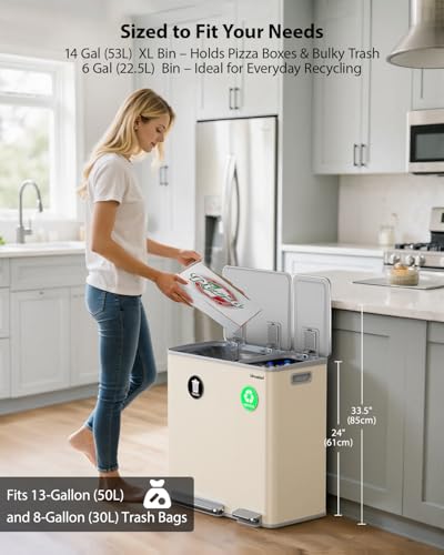 Lovewind Dual Trash Can, 14 + 6 Gallon Garbage Can for Kitchen Dual Compartment Recycling Kitchen Step Trash Bin, Stainless Steel Trash and Recycle Bin Combo with Soft-Close Lid, Apricot - color: Apricot, size: 14 + 6 Gallon