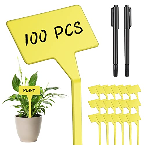 Yinkin 100 Pcs Large Plant Label Signs 11.8 Inch Plant Markers Plastic Garden Label Stakes Waterproof T Type Tags Nursery Garden Signs with Marker Pen for Flower Herb Pot(Yellow) - color: Yellow