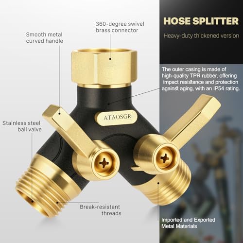 Garden Hose Splitter 2 Way Heavy Duty, Metal Body Water Hose Splitter with Shut-Off Valve, Full Flow Hose Bib Splitter, 3/4'' GHT Y Hose Connector For Outdoor Spigot Faucet - color: Golden yellow