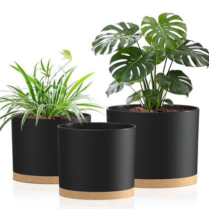 10/9/8 Inch Plant Pots 3 Pack, with Drainage Hole & Saucers - color: Matte Black&brown