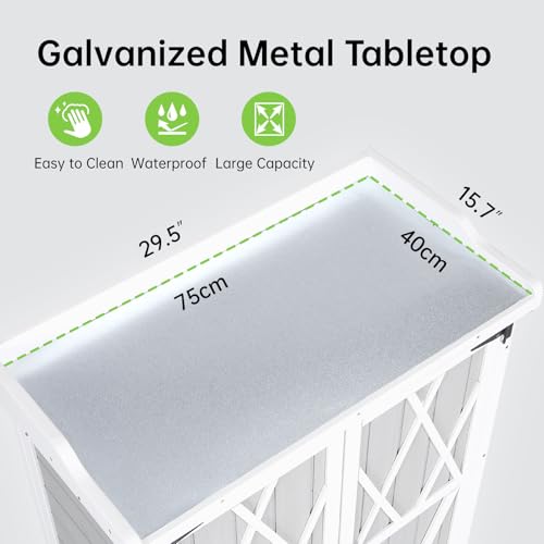 Outdoor Wooden Storage Cabinet with Metal Tabletop, Garden Potting Bench Table with Adjustable Shelf, Weather-Resistant Patio Cabinet for Garden, Lawn, and Backyard