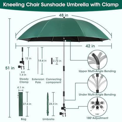 2-in-1 Garden Kneeler with Umbrella, Garden Kneeling Bench & Green Umbrella, Portable Garden Stool Loads Capacity 330lb and Garden Tools Bag with bottle holder, Gardening Gifts for Women,Men,Seniors - color: Green