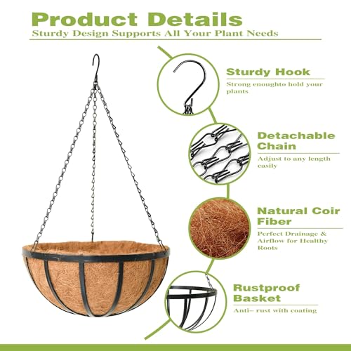 14 Inch Black Flat Iron Metal Hanging Planter Basket with Coco Coir Liner(4 Pack) Hanging Planters for Outdoor Plants Hanging Baskets for Plants Flower Pots for Deck Patio Porch Garden Balcony - size: 14 Inch