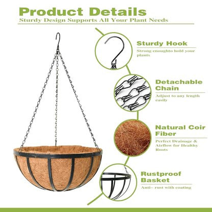 14 Inch Black Flat Iron Metal Hanging Planter Basket with Coco Coir Liner(4 Pack) Hanging Planters for Outdoor Plants Hanging Baskets for Plants Flower Pots for Deck Patio Porch Garden Balcony - size: 14 Inch