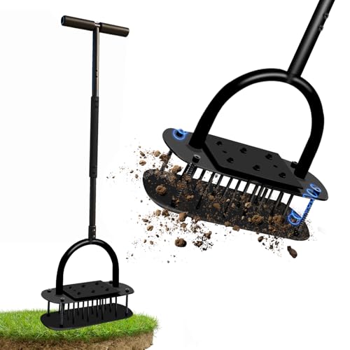 Aerator Lawn Tool, Manual Soil Aerating Lawn with 16 Iron Spikes, Lawn Aerators with Spring Automatic Dirt Clean & 3-Layer Anti-Loosening Design, Pre-Assembled Yard Grass Aerator for Lawn, Garden Tool