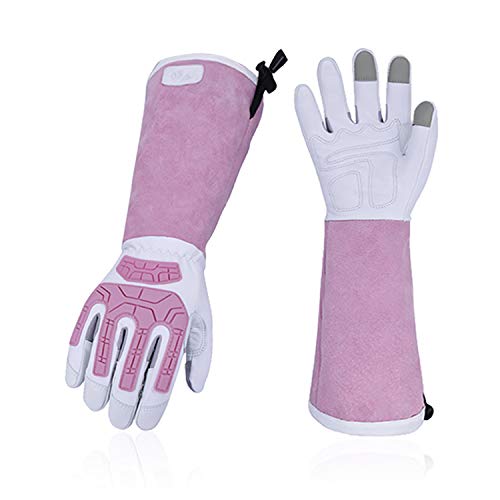 Vgo... 1-Pair Premium Geniune Goat Leather Extra-long Cuff Thornproof, Anti-abrasion, Anti-Impact Gardening Gloves (Size L, White, GA9659) - color: 1 Pair - White Pink, size: Women's Large