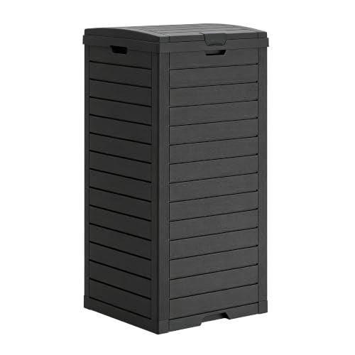 Outdoor Trash Can with Lid, Waterproof Plastic Outdoor Garbage Can with Drip Tray,Large Trash Can Outside for Patio, Garage, Pool, Garden, Backyard & Deck, Black (32 Gallon) - color: Black, size: 32 Gallon