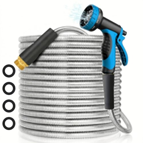 25FT Water Hose,Non Kinking Stainless Steel Hose, Kink Free Flexible 50 Foot Metal Hose for Outside Yard Backyard Lawn, Burst Proof with 10-Pattern Nozzle - size: 25FT
