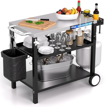 Grill Table, Stainless Steel Grill Cart with Three-Shelf, Movable Pizza Oven Table with Side Tray ＆ Trash Bag Holder, Outdoor Grill Stand with Hooks for Food Prep, Outside Tailgating, Camping - color: Stainless
