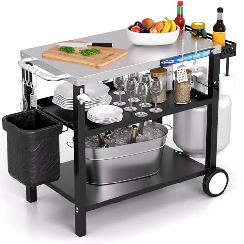 Grill Table, Stainless Steel Grill Cart with Three-Shelf, Movable Pizza Oven Table with Side Tray ＆ Trash Bag Holder, Outdoor Grill Stand with Hooks for Food Prep, Outside Tailgating, Camping - color: Stainless